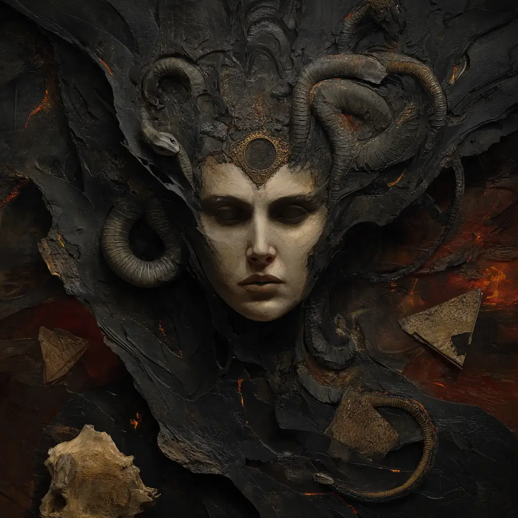 Sculptural portrayal of Irkalla with a solemn expression, surrounded by cracked black textures, coiled serpents, ram horns, and abstract geometric relics set against a smoldering, lava-toned background.
