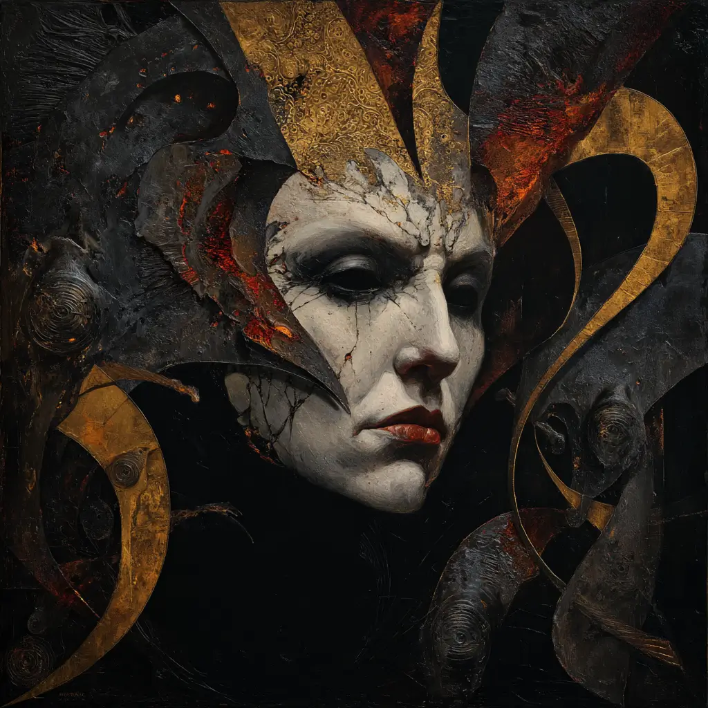 Dark surreal portrait of Irkalla with a cracked pale face, adorned in an elaborate headdress of gold, ash, and molten textures, with horn-like forms coiling around her.
