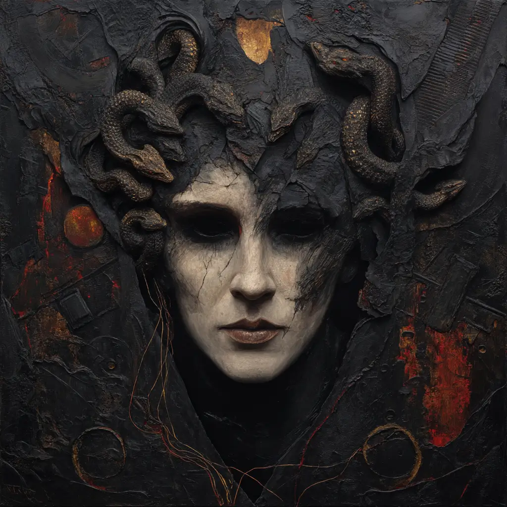 Surreal portrait of Irkalla with a cracked pale face and a crown of serpents emerging from charred, textured blackness, surrounded by abstract circular relics and glowing red accents.