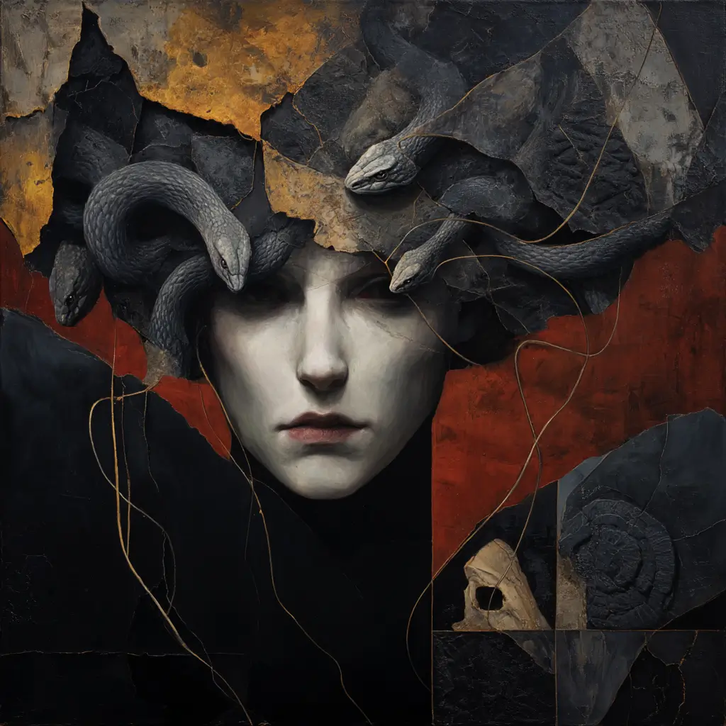 Surreal depiction of Irkalla with a pale, expressionless face, crowned by snakes emerging from cracked stone textures, set against a fragmented red and ochre backdrop with scattered bones and fossil-like relics.