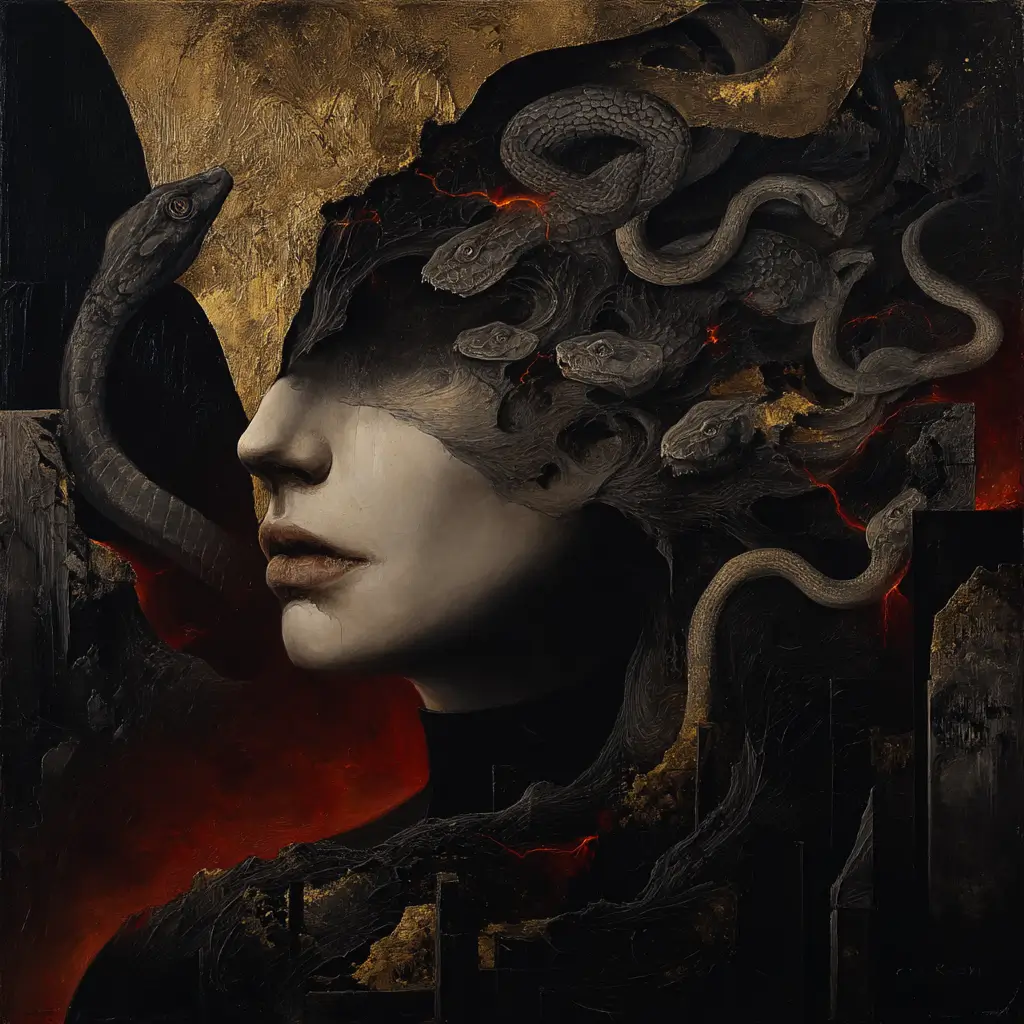 Side profile of Irkalla with a pale, sculpted face and a crown of serpents flowing into molten textures, set against a backdrop of gold, ash, and volcanic red fissures.
