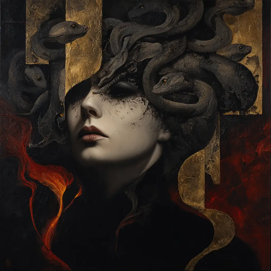 Surreal portrait of Irkalla, depicted with pale skin, cracked facial textures, and a headdress of black serpents entwined with gold, set against a dark red and black backdrop.