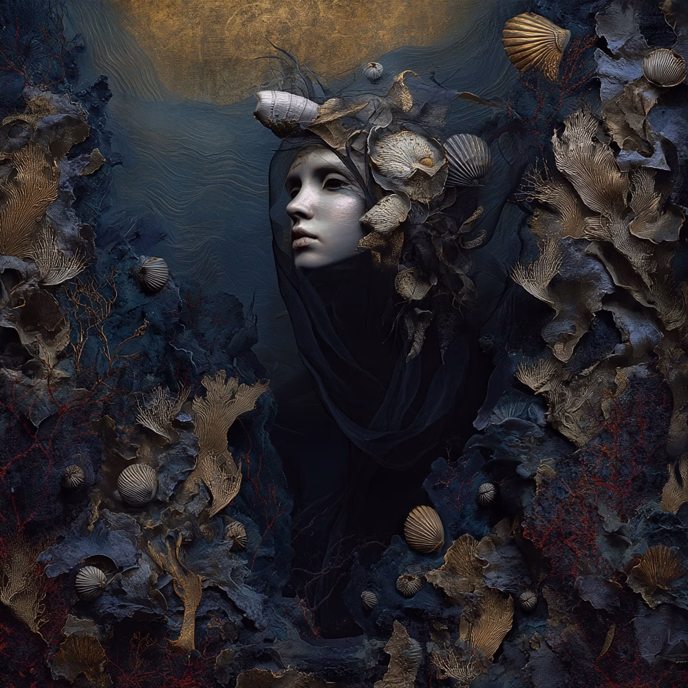 A solemn figure veiled in dark fabric, adorned with seashells and coral, emerging from a deep oceanic landscape.