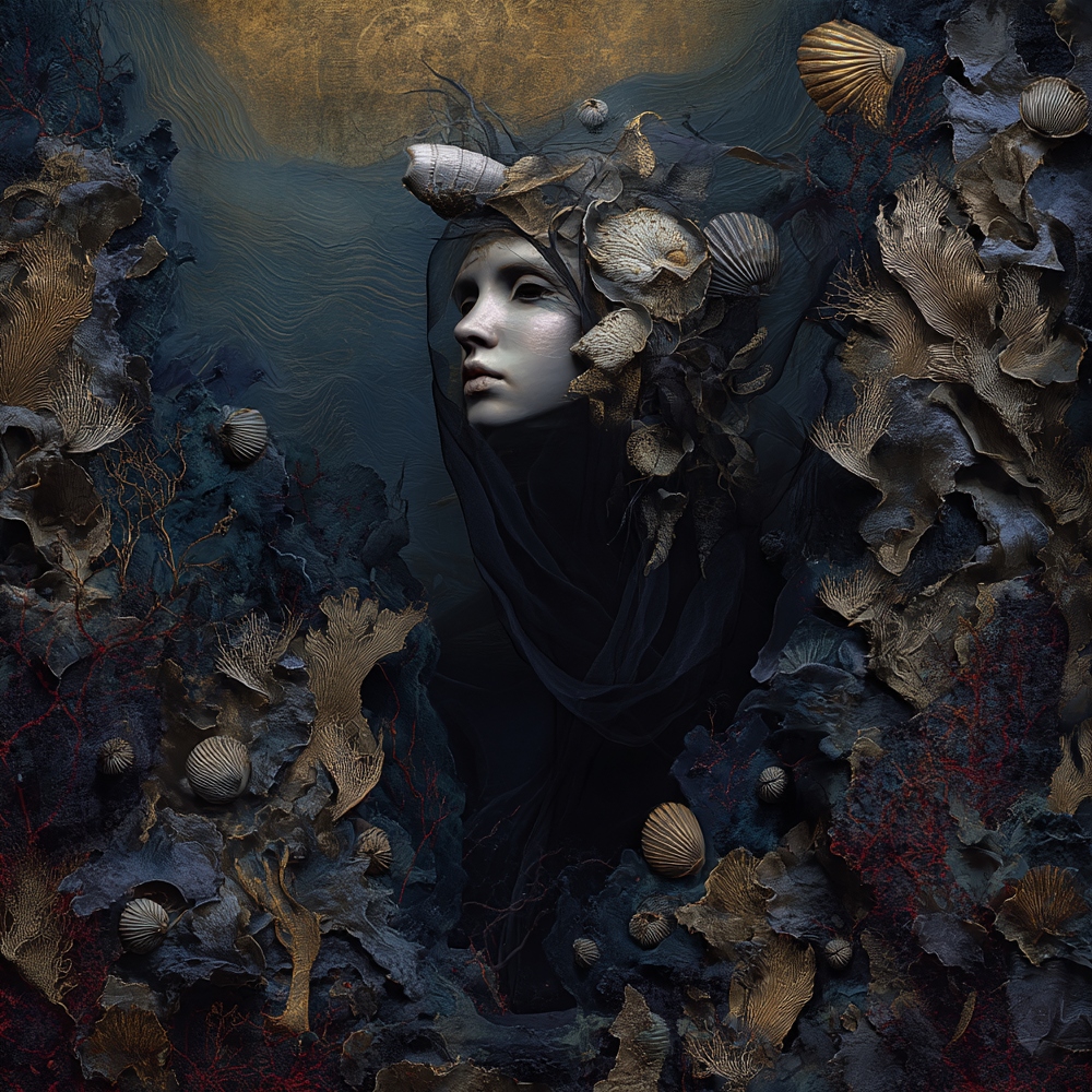 A solemn figure veiled in dark fabric, adorned with seashells and coral, emerging from a deep oceanic landscape.